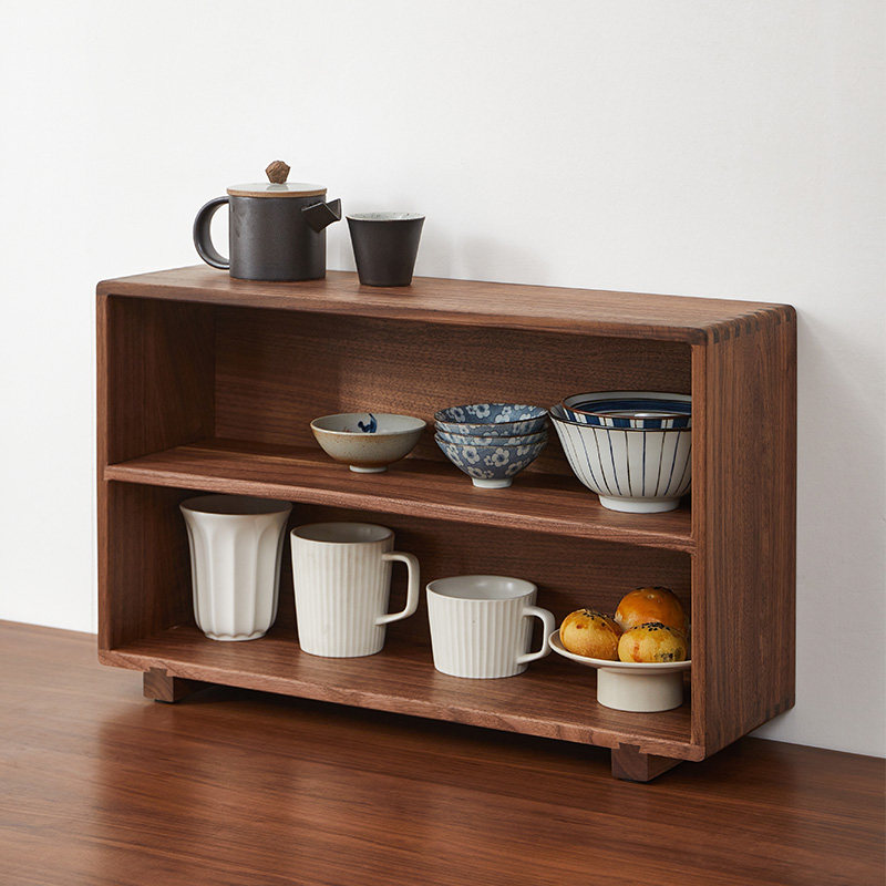 木质多层桌面置物落地架水杯收纳实木I架黑胡桃木茶具杯子储物柜