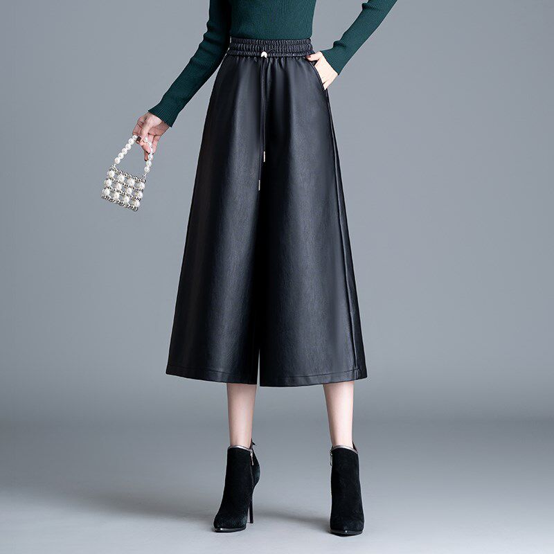 松紧腰阔腿裤女2024秋冬新款皮裤小个子高腰显瘦宽松八分裤皮裙裤