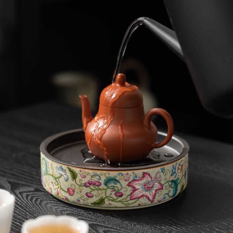 老陶泥凌霄花陶瓷壶承干泡台储水茶台茶洗O养壶托盘功夫茶具配件
