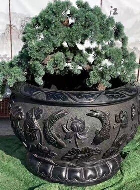 石雕天然石鱼缸h流水庭院摆件仿古石盆门海石水缸石槽花园养鱼摆