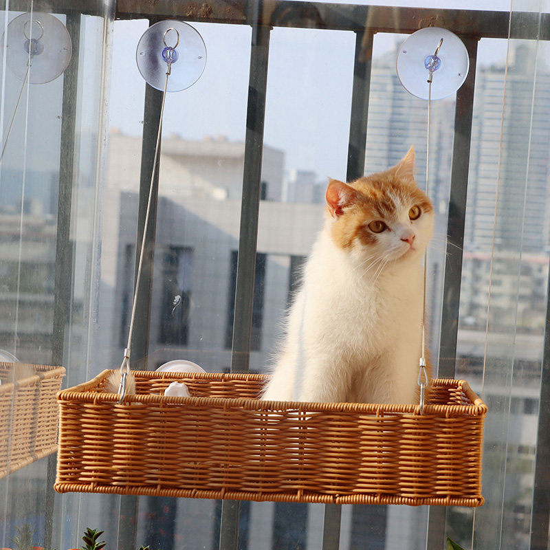 窗户猫吊床夏悬h挂式藤编猫窝吸盘玻璃晒太阳神器吊篮宠物猫咪吊