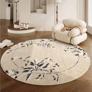 地毯客厅2024新款 毛绒加厚圆形床边毯免打理房间沙发转椅地垫 法式
