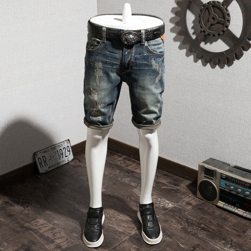 2021夏季复古牛仔短裤男弹力修身五分裤日系潮流青年5分中裤超薄