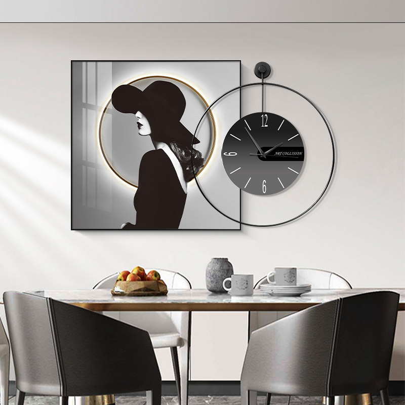 现代简约餐厅装饰画时尚大气静音钟表挂画L人物饭厅背景墙画客厅