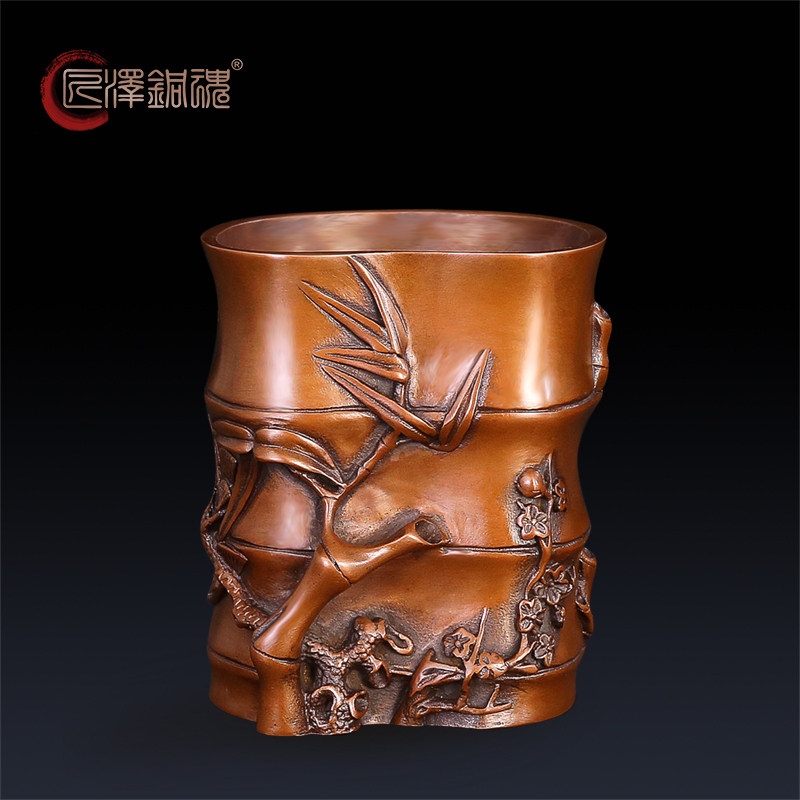 无暇玉笔筒 i手工纯铜笔筒摆件 家居饰品 商务礼品