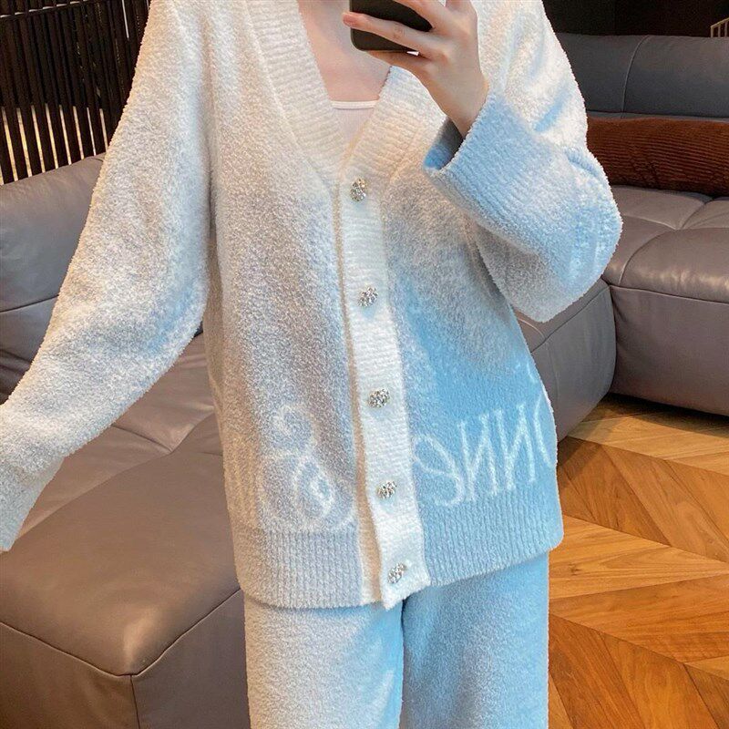 小众轻奢 软绵绵睡衣套装女开衫式长袖长裤半边绒家居服可外穿冬