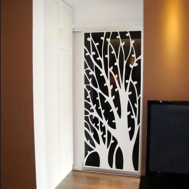 定做艺术钢化烤漆玻璃电视墙走廊尽头背景墙茶几餐桌面黑底白花树