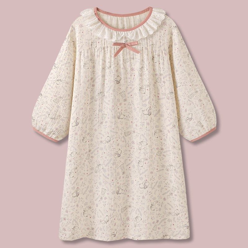 蓝鸢花兔甜美小碎花纯棉纱布睡衣女款夏季春秋长袖睡裙家居服