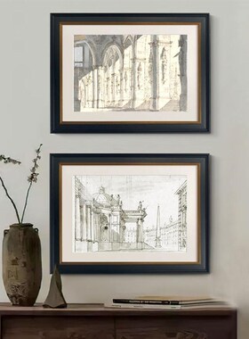 法式复古建筑玄关装饰画客厅背景墙素描高级感挂画小众艺术黑白壁