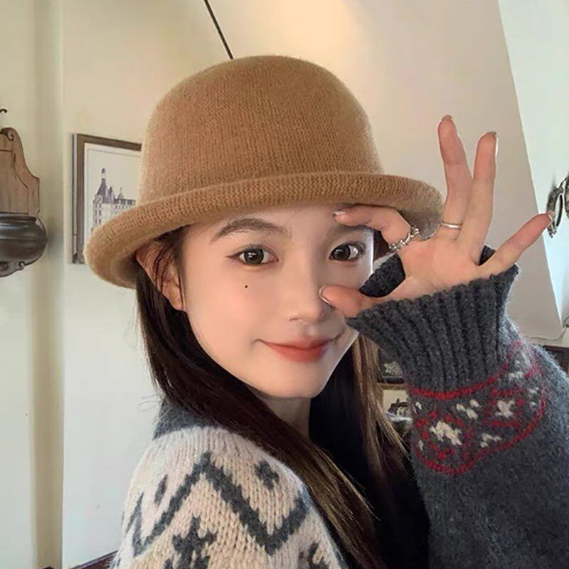 卷边圆顶小礼帽日系女式冬季帽子女针织小盆帽复古羊毛渔夫帽小沿