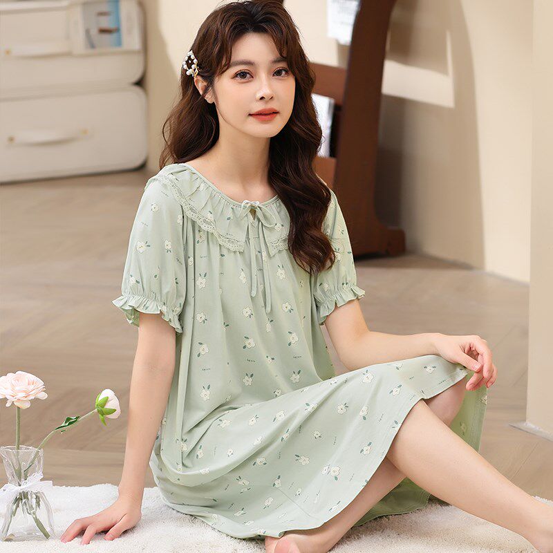 睡裙女夏季丝光棉短袖睡衣裙2024年新款印花夏天薄款家居服可外穿