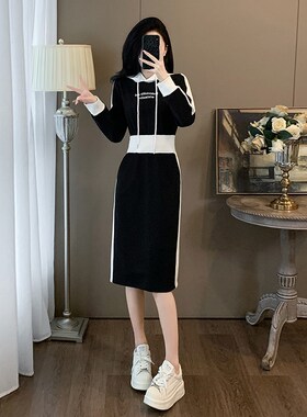 黑色长袖连帽卫衣连衣裙女秋季收腰显瘦气质高级感赫本风开叉裙子