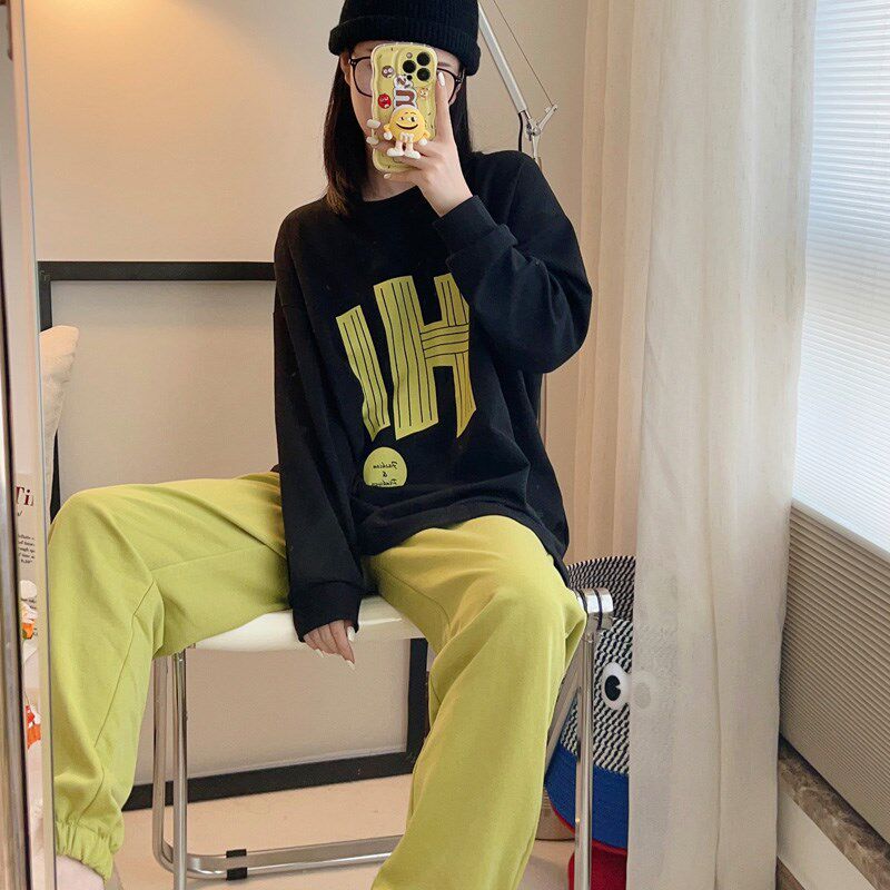 新品HI字母睡衣女秋纯棉长袖长裤上下撞色简约休闲外穿家居服套装