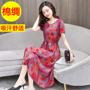 人造棉夏季 绵绸裙子中老年女装 长裙 棉绸连衣裙中长款 中年妈妈夏装