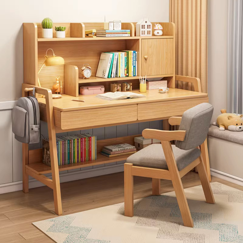 书桌家用学生书架一体实木腿高中小学生写字简易学习桌椅电脑桌子