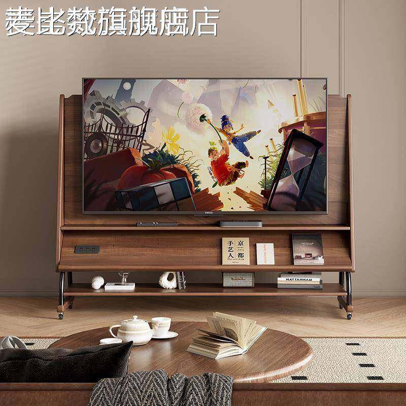 麦比梵全实木可移动电视柜收纳储藏柜小户型客厅家用带轮中古风电视支
