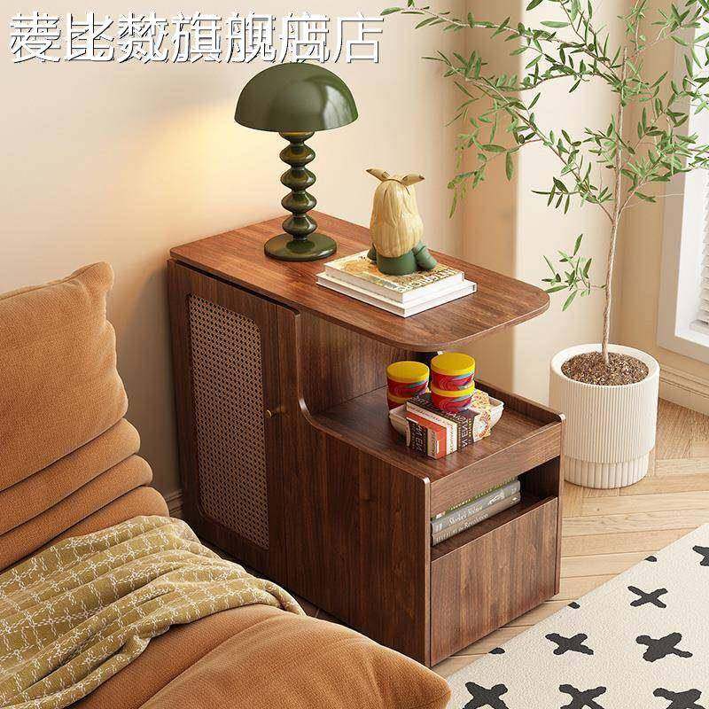 麦比梵实木沙发边柜可移动收纳客厅家用床头柜旋转角几新中式复古小边几床笠拉车