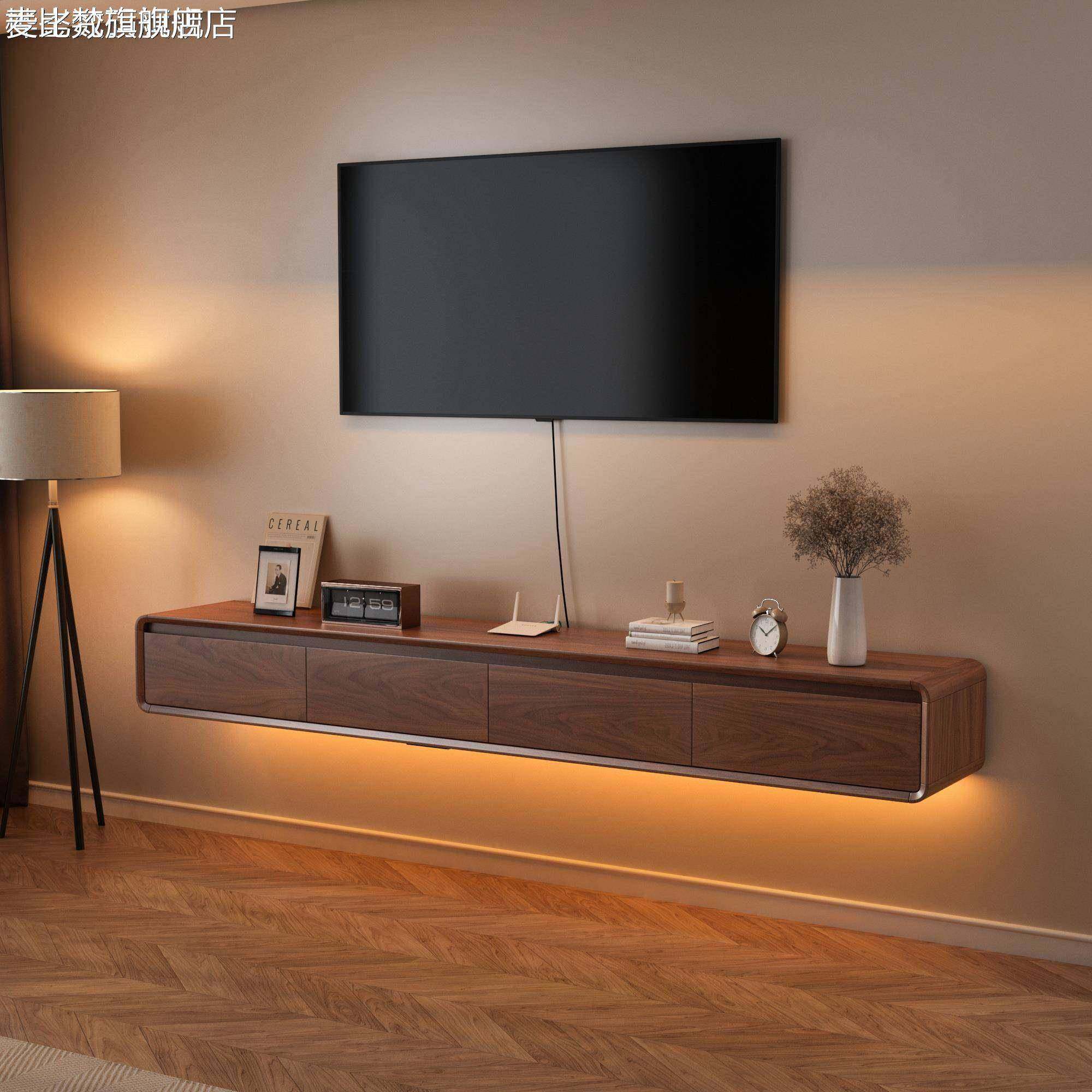 麦比梵实木中古风悬浮电视柜客厅家用2025新款复古收纳储物柜一体