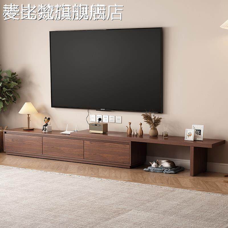 麦比梵实木电视柜中古风客厅家用2025新款伸缩电视机柜小户型储物