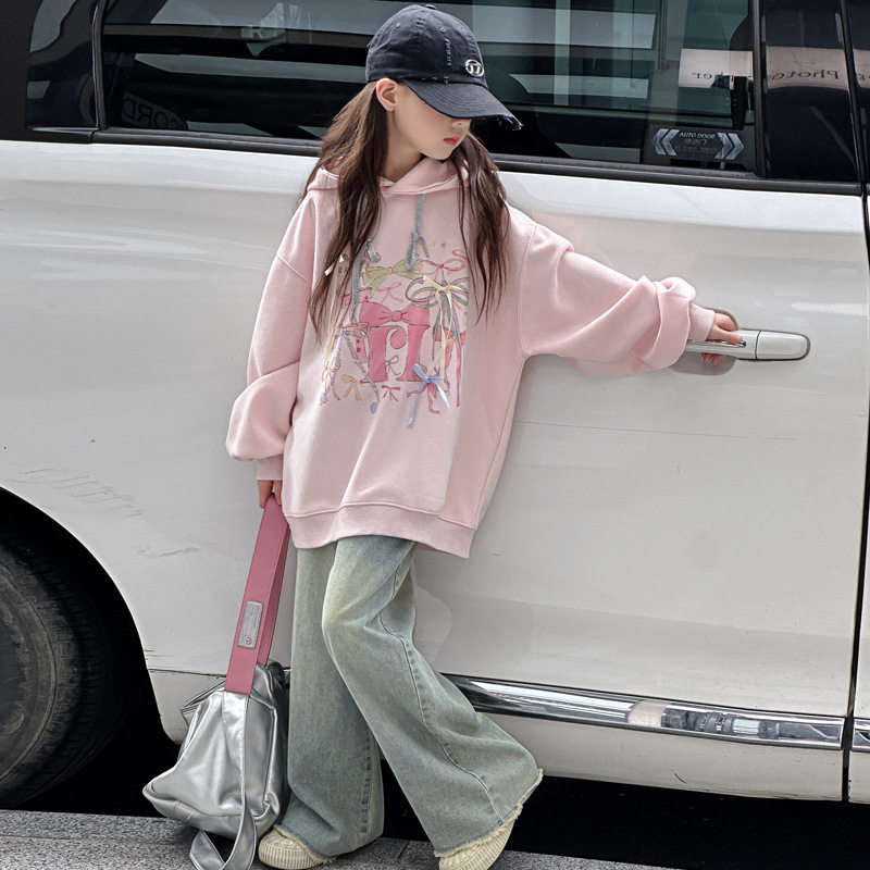 女童卫衣2025新款儿童春秋独特漂亮上衣女大童秋装粉色蝴蝶结衣服