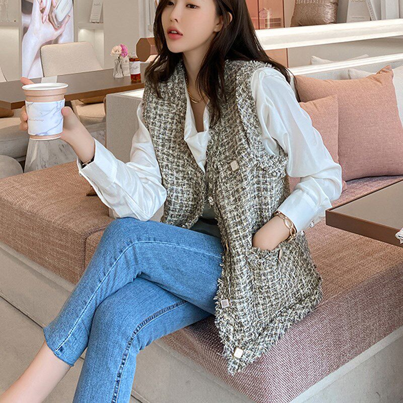 香风小马甲女2023春季新款韩版显瘦宽松马夹外套格子编织上衣工装
