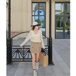 灰色工装半身裙女夏季薄款抽绳高腰a字小个子显瘦美式速干短裙裤