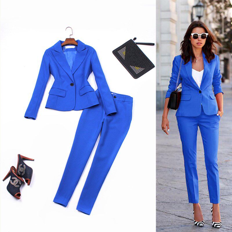 春新款宝蓝色职业西装套装女小个子西服上衣微锥型西裤九分裤621