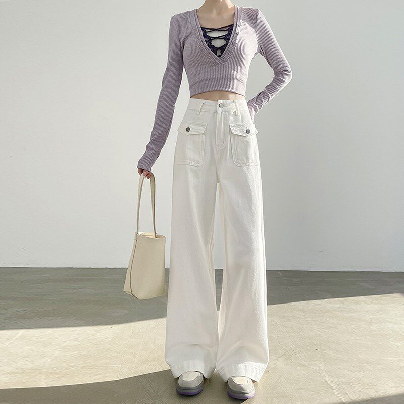 美式白色阔腿牛仔裤女春季新款高腰显瘦拖地百搭垂感窄版直筒长裤