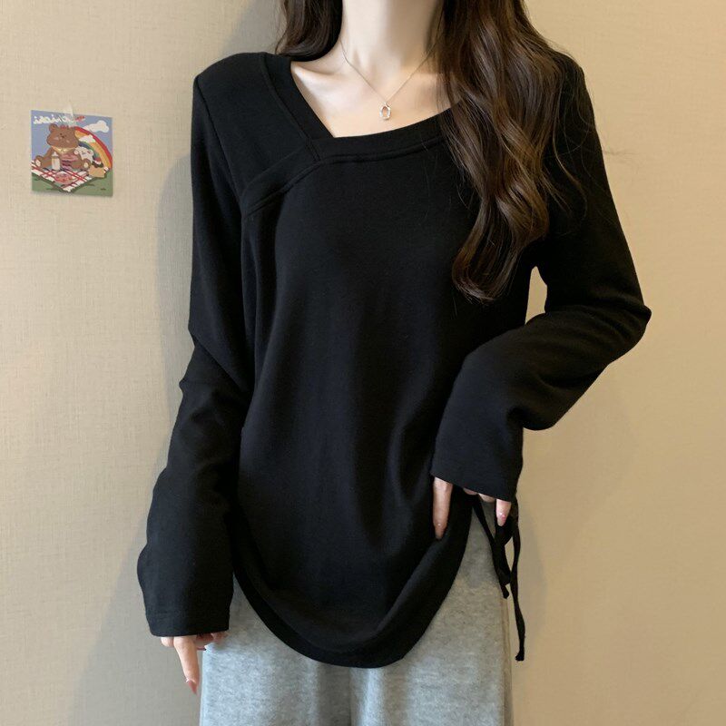 大码遮肚子不规则抽绳长袖打底衫女秋冬胖mm宽松显瘦正肩t恤上衣