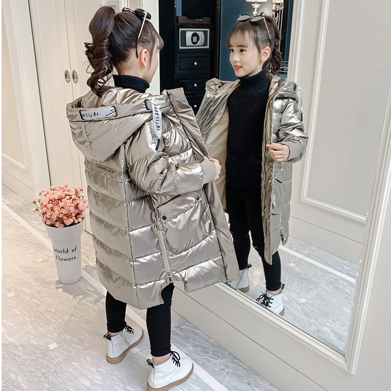 女童棉服2021年韩版亮皮免洗羽绒棉衣洋气加厚外套中长款亮面棉袄