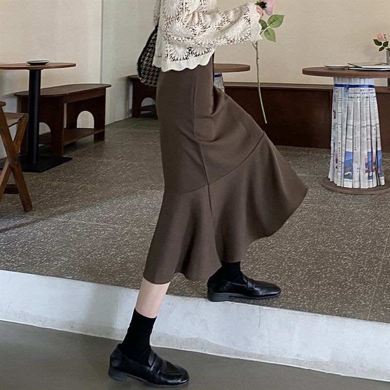大码不规则鱼尾裙半身裙中长款女春秋季垂感高腰显瘦a字包臀长裙