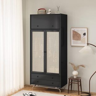 实木藤编复古衣柜北欧小户型卧室黑色衣橱收纳柜家用对开门储物柜