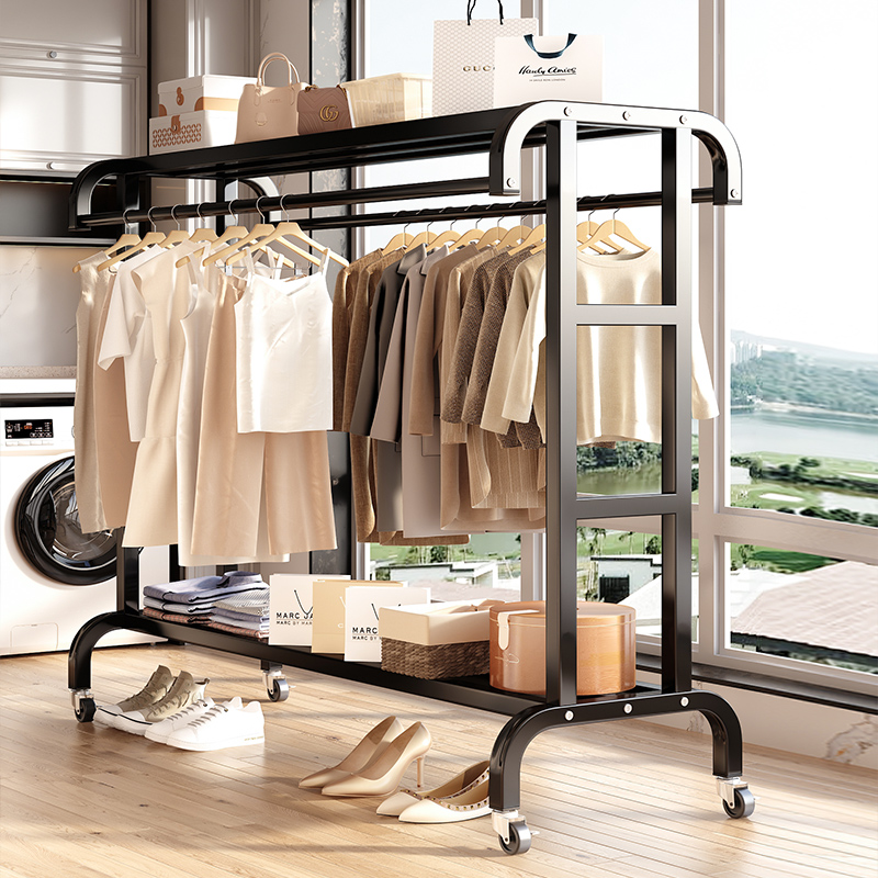 双杆式室内落地挂衣架可移动带轮子晾晒衣帽架简易晾衣架家用阳台