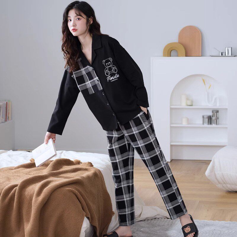 睡衣女春秋款秋季2023新款秋冬秋款纯棉长袖大码外穿格子卡通高档