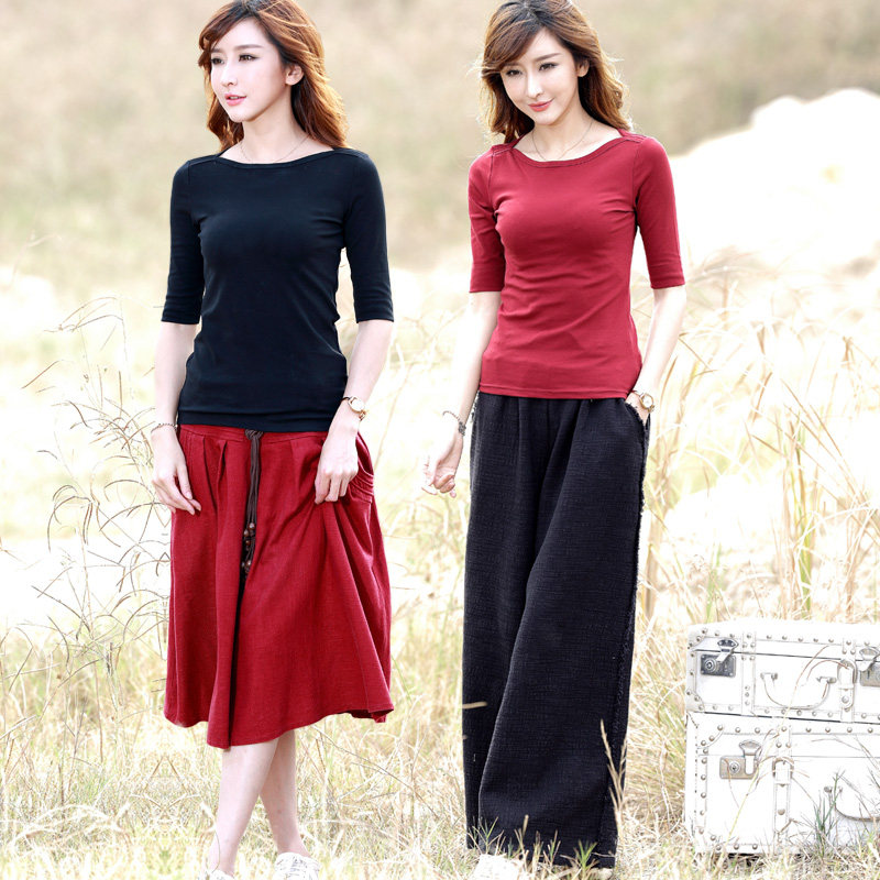 二八月穿的衣服女七分袖阔腿裤搭配的中袖上衣半袖2023年新年款