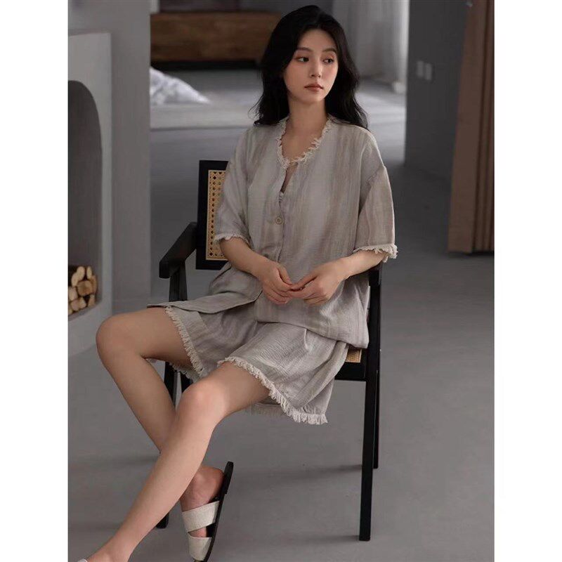 睡衣女薄款夏季纯棉开衫新款短袖短裤简约宽松纯色家居服韩版套装
