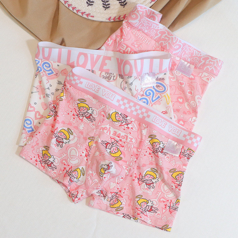 粉色恋爱男士内裤纯棉卡通印花青年男生四角裤送男友可爱平角裤头