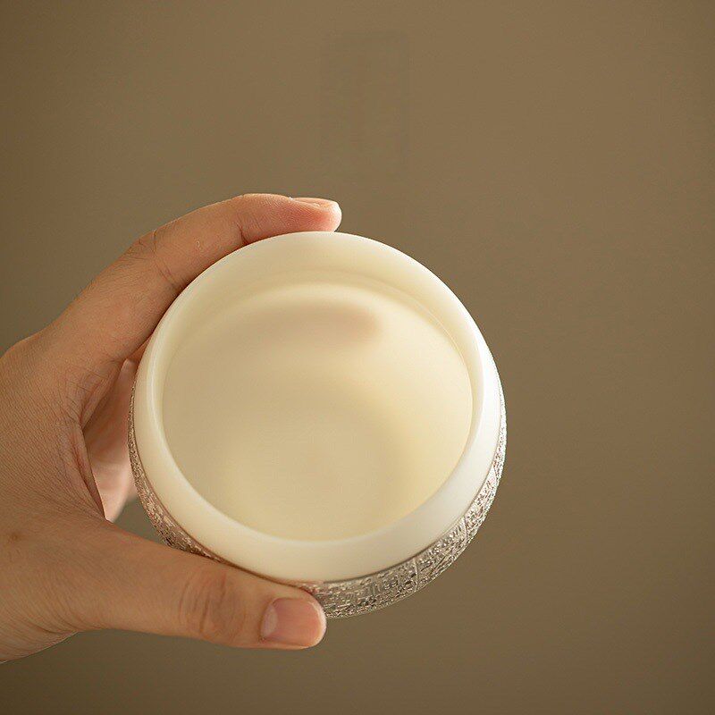冰种羊脂玉瓷百福l鎏银杯陶瓷主人杯个人功夫茶具杯品茗杯