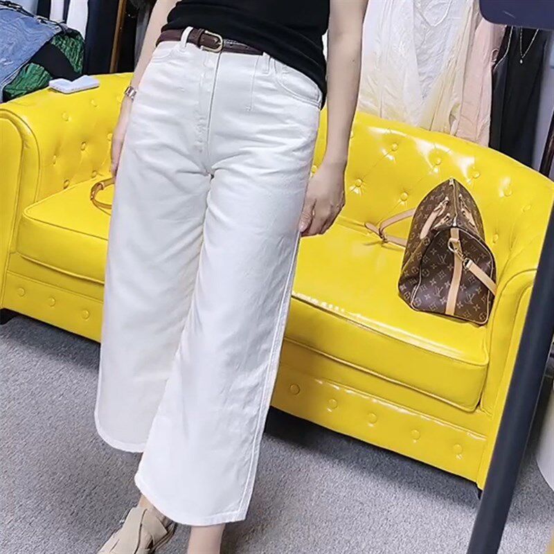 白色八分直筒裤女夏季新款高腰宽松显瘦遮肚垂感小个子阔腿牛仔裤