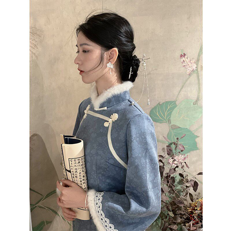 婉晴倒大袖冬季旗袍加厚长袖改良新中式秋冬2024新款复古国风蓝色