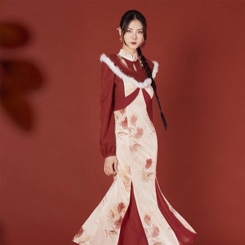 壹贰定制旗袍2025新款中国风酒红色敬酒服丝绒晚会连衣裙落日玫瑰