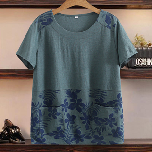 大尺码 中老年妈妈装 小衫 印花短袖 宽松遮肚子民族风婆婆T 上衣夏装