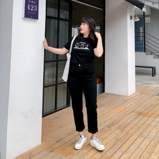 女装 直筒宽松显瘦老爹哈伦裤 胖mm牛仔裤 2020款 子潮 女黑色秋装 大码