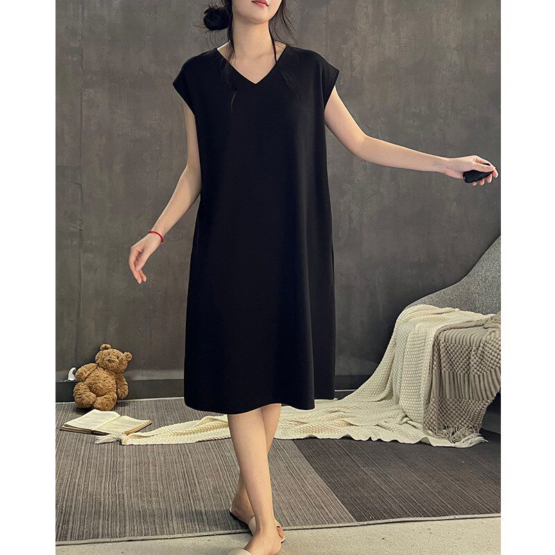 带胸垫一体睡裙女夏季纯棉黑色家居服薄款孕妇连身裙子防凸点睡衣