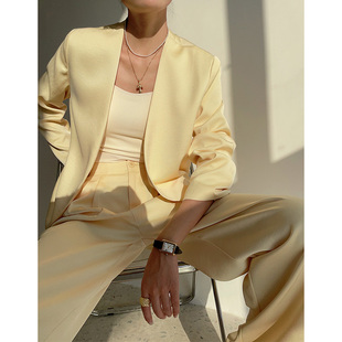 春秋高级感无领缎面西服外套高腰宽裤 女2023新款 两件套 套装 西装