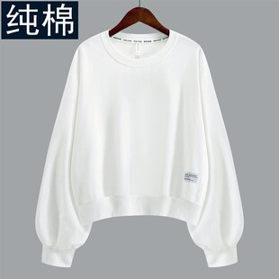 100%纯棉女士厚T恤圆领套头短款宽松上衣长袖洋派百搭2023秋冬新