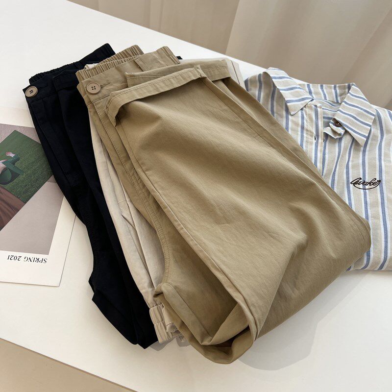 韩版百搭复古高腰工装裤休闲裤女宽松直筒小个子九分裤秋季新款潮