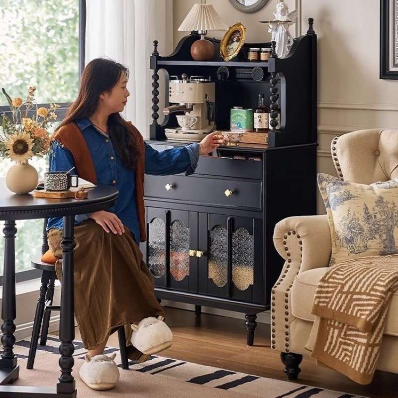 法式实木餐边复古边柜客厅茶水储物柜靠墙一体中古美式厨房收纳柜