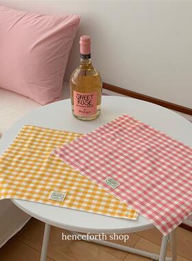 henceforth自制黄格纹餐垫ins餐巾粉格双层磨毛隔热垫拍摄背景布