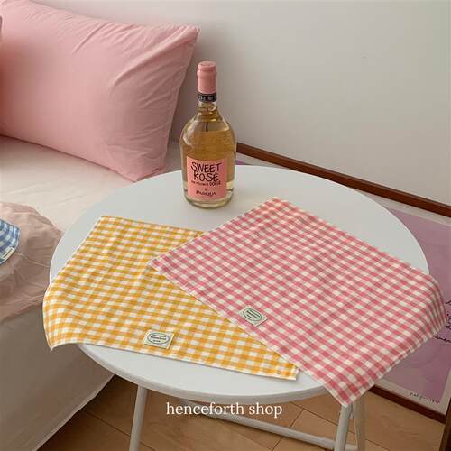 henceforth自制黄格纹餐垫ins餐巾粉格双层磨毛隔热垫拍摄背景布